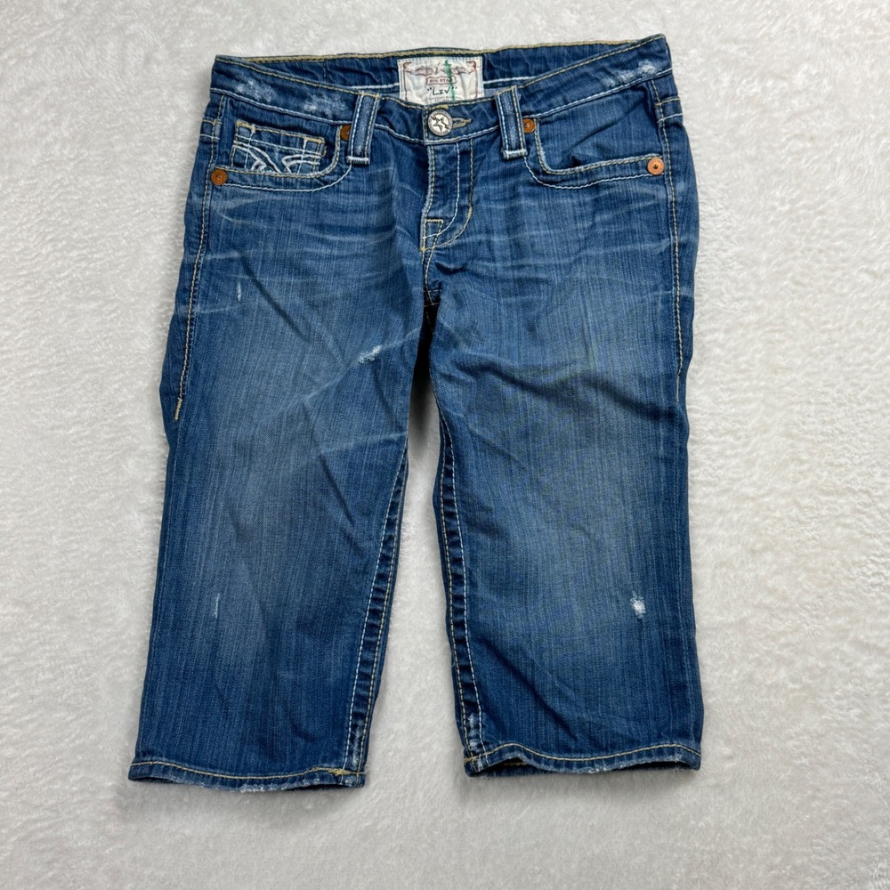 Big Star Liv Denim Shorts Womens 28 Blue Thick Stitch Capri Bermuda Distress USA